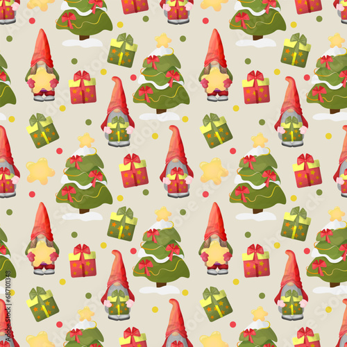 Seamless vector background with Christmas gnomes and trees. New Year pattern for wrapping paper, fabric, clothing, textiles, surface textures, scrapbooking.