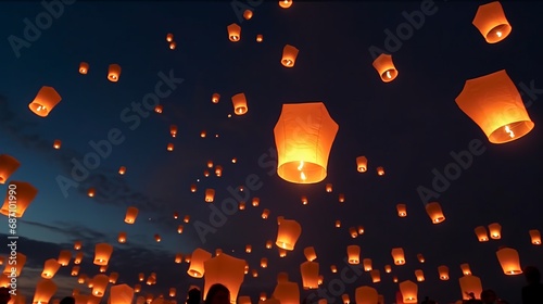 Illuminated paper lanterns gracefully floating in the sky, casting a warm and mesmerizing glow. A serene and enchanting scene, the beauty of floating lights and the peaceful ambiance they create.