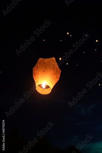 Illuminated paper lanterns gracefully floating in the sky, casting a warm and mesmerizing glow. A serene and enchanting scene, the beauty of floating lights and the peaceful ambiance they create.