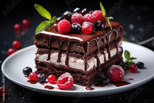 Layered chocolate cake in icing with berries