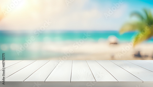 Empty wooden table on abstract summer background for product presentation, space for a montage showing the product.