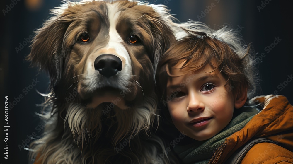 A small happy child sits next to a large, good-natured dog and hugs her. Close-up of a face. A small happy child sits next to a large, good-natured dog and hugs her. Close-up of a face.