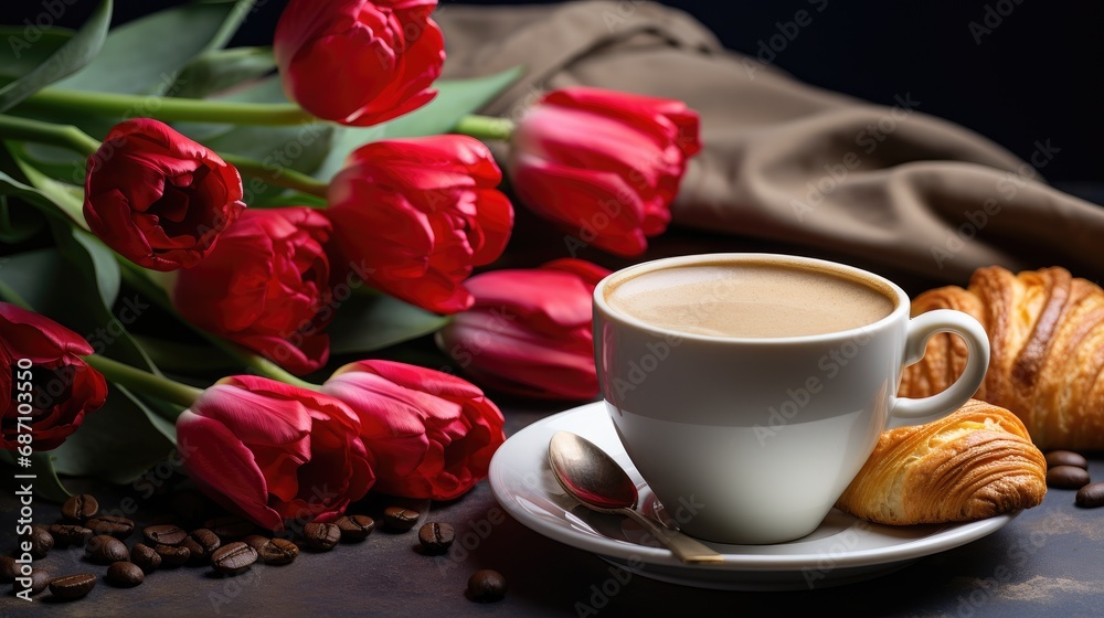 Obraz premium A white cup of coffee and a bouquet of bright red flowers on a wooden table. Appetizing fresh croissant. Elegant breakfast.