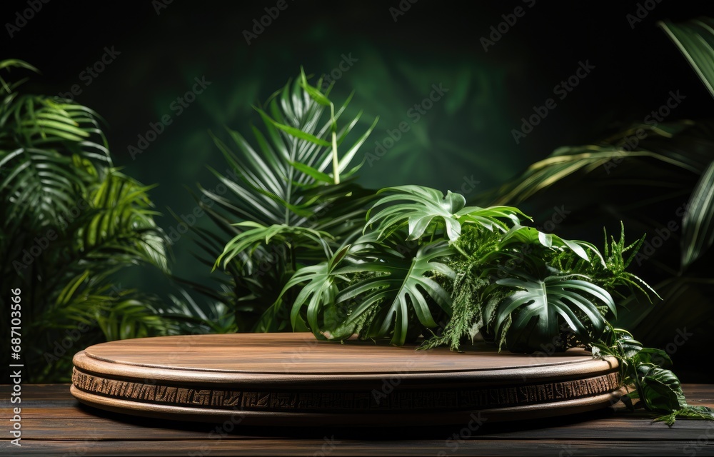 Wooden round platform for displaying goods. Against a background of tropical leaves and plants. Wooden round platform for displaying goods. Against a background of tropical leaves and plants.