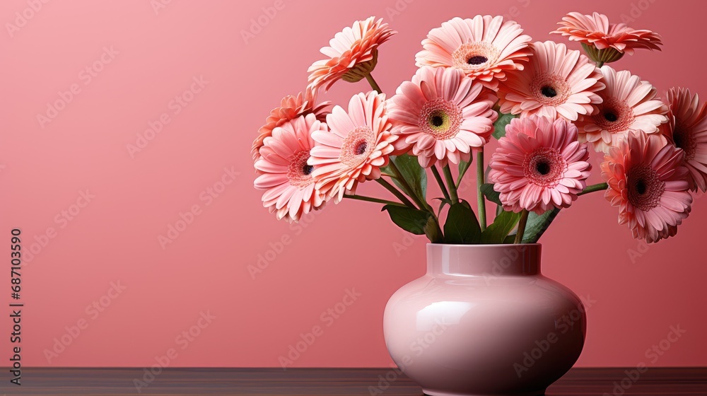 Bouquet of pink gerbera flowers in a ceramic vase. Against the background of a pink wall. Bouquet of pink gerbera flowers in a ceramic vase. Against the background of a pink wall.