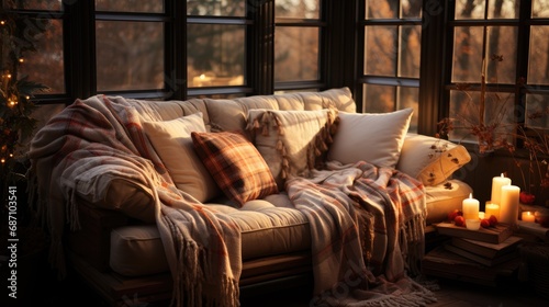 Large soft sofa with pillows and a wool blanket. Interior Design. Symbol of a comfortable life.