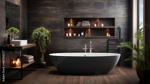 Fashionable bathroom in gray. Interior Design. Minimalistic style.