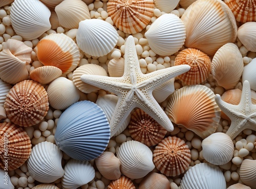 Seashells and starfish. Top view  close-up. The theme is the sea element.