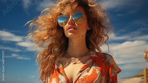 Young beautiful woman with wavy hair relaxing on a luxurious beach. Close-up of the face. Theme of relaxation and health.
