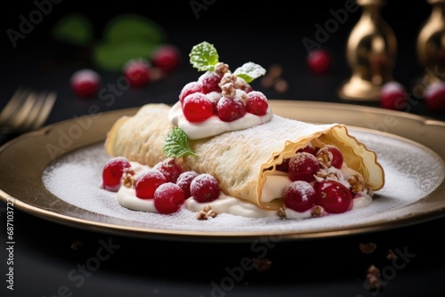 Chestnut flour crepes filled with ricotta and red currants