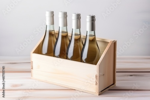 Wine bottles in a box close up mockup. Box with bottles. Glass bottles with blank labels for use as mockup or template.