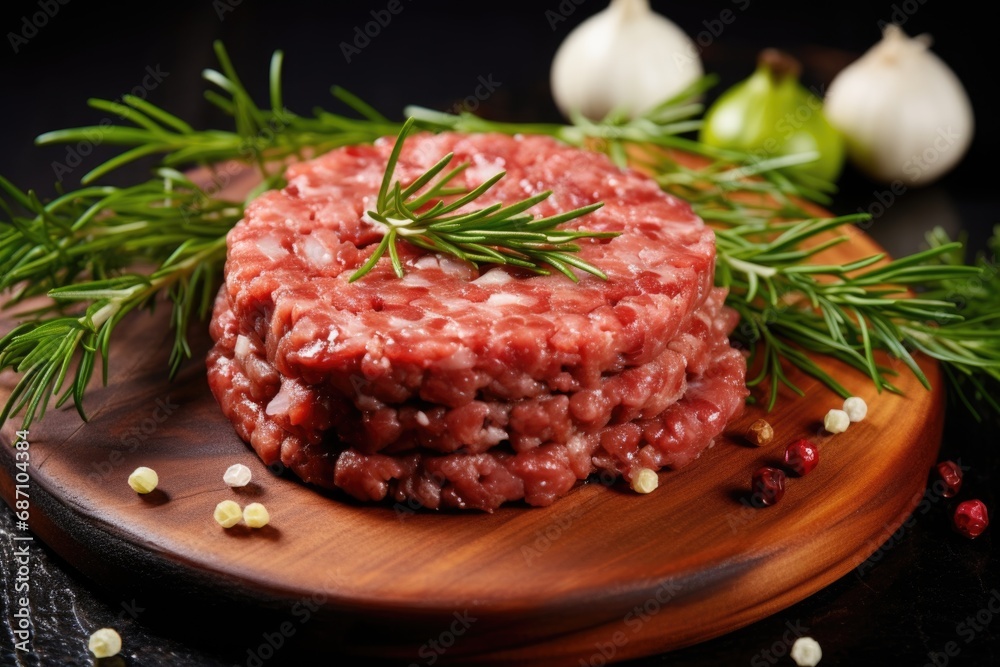 Fresh minced pork and beef, sprinkled with garlic, red pepper and dill Fresh minced pork and beef, sprinkled with garlic, red pepper and dill