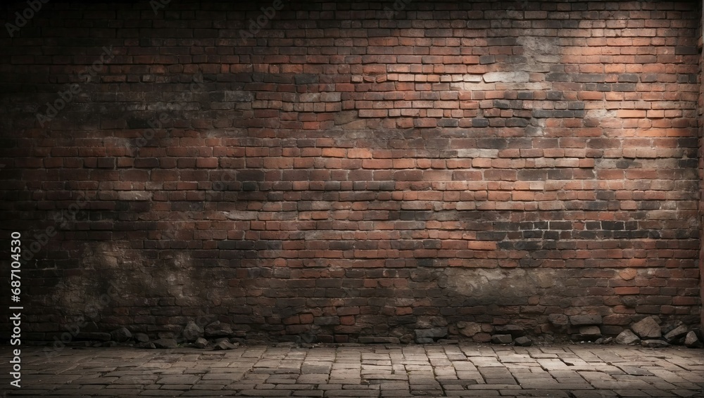 Old crumbling brick wall with exposed layers and varied textures on a cobbled street
