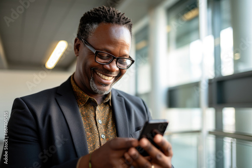 Portrait of an aged black man with glasses and a phone in the office photo