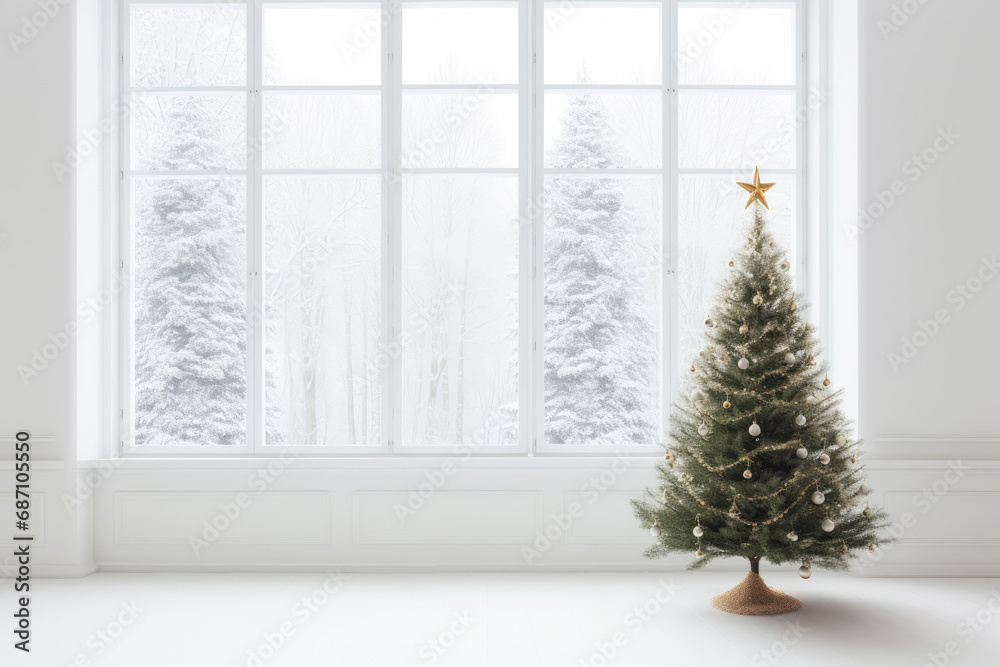 Minimalist white interior with windows and a Christmas tree Minimalist white interior with windows and a Christmas tree