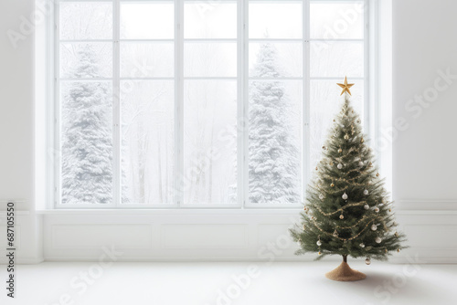 Minimalist white interior with windows and a Christmas tree © Julia Jones