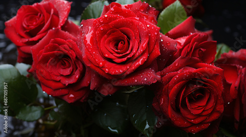 Bouquet of red roses with dew drops