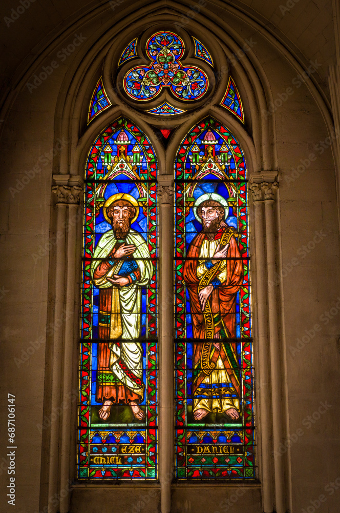 Biblical scenes on giant stained glass windows in a church Montpellier
