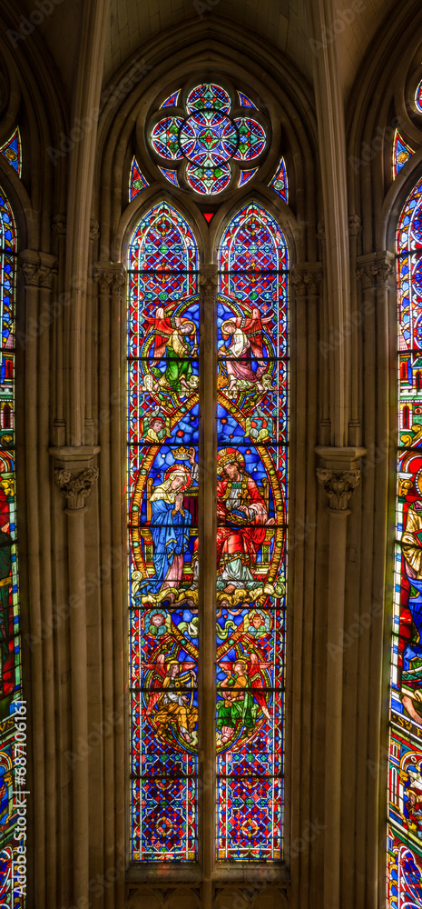 Inside view of giant stained glass in a church