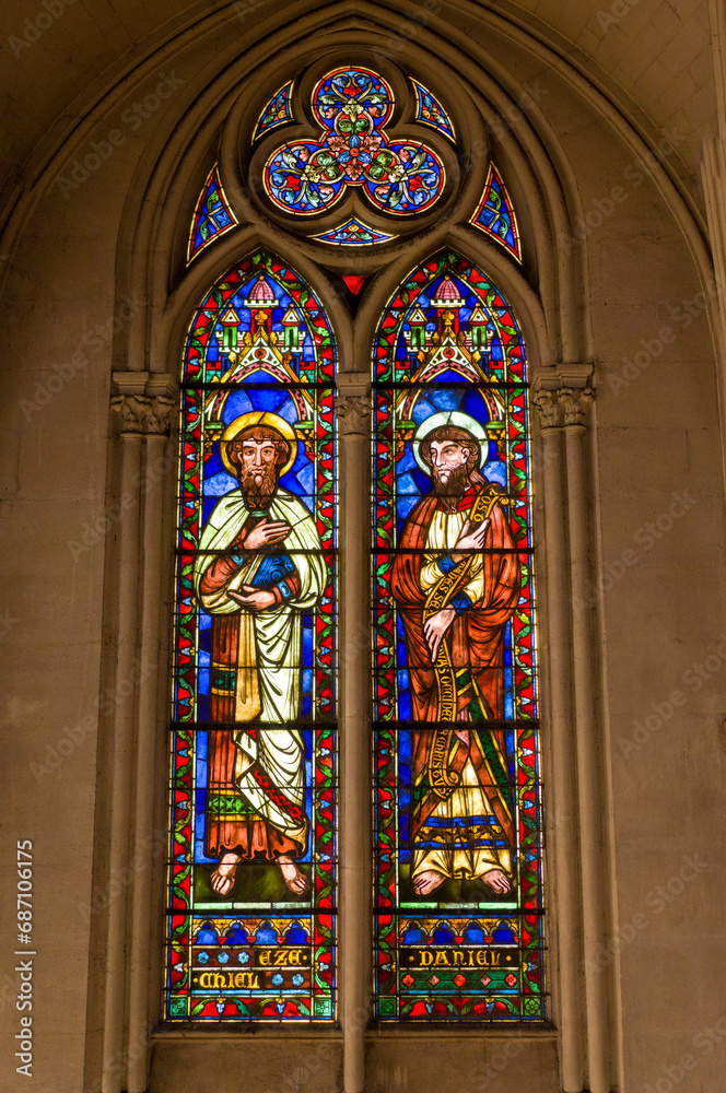 Colorful designs Stained glass windows inside church view
