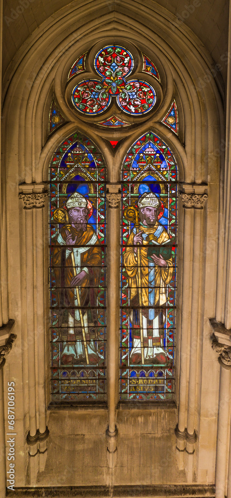 Saints painted on stained glass windows of a church Montpellier
