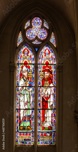 Saints on stained glass in Montpellier church 