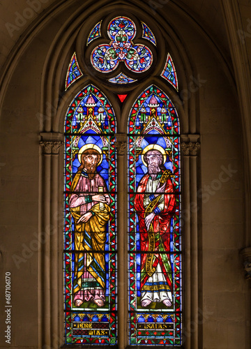 Sunlight shine through church windows colorful stained glass Montpellier 