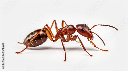 close up of an ant on white isolated background, macro photography 