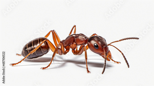 close up of an ant on white isolated background, macro photography 