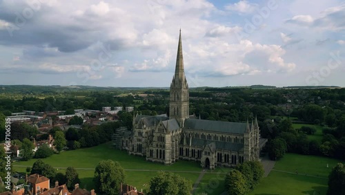 Salisbury Cathedral, Salisbury, UK, August 16, 2023; Stunning aerial clip of the spectacular historical Salisbury Cathedral with the tallest spire, Salisbury, England, UK photo