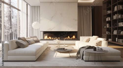 Cozy modern luxurious interior design of the living room with a fireplace