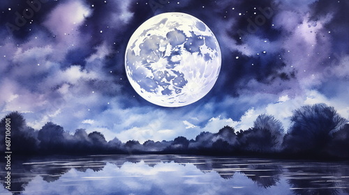 Watercolor night landscape with moon  clouds and stars