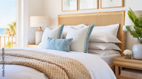 A close-up in this coastal bedroom captures the trend of rattan, highlighting a headboard amidst cotton textures. Neutral and blue tones, serene morning light contribute to coastal chic ambiance.     © Roberto
