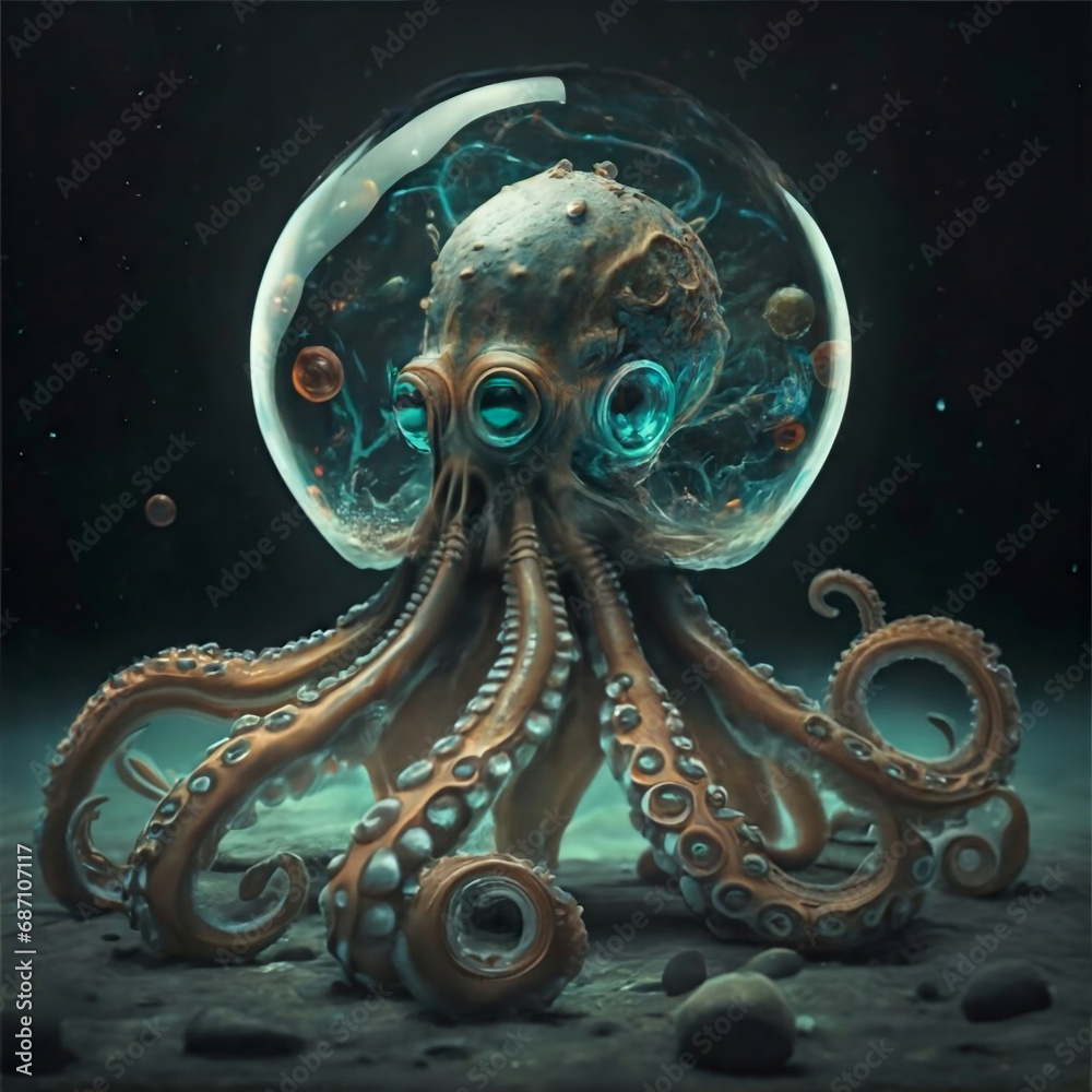 Octopus with a glass head where inside you can see the universe, wildlife photography, dark fantasy, illustration, conceptual art, painting, 3d render, photo. Generative AI Octopus with a glass head where inside you can see the universe, wildlife photography, dark fantasy, illustration, conceptual art, painting, 3d render, photo. Generative AI