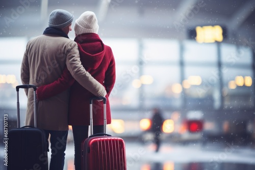 couple with travel suitcase in airport in winter