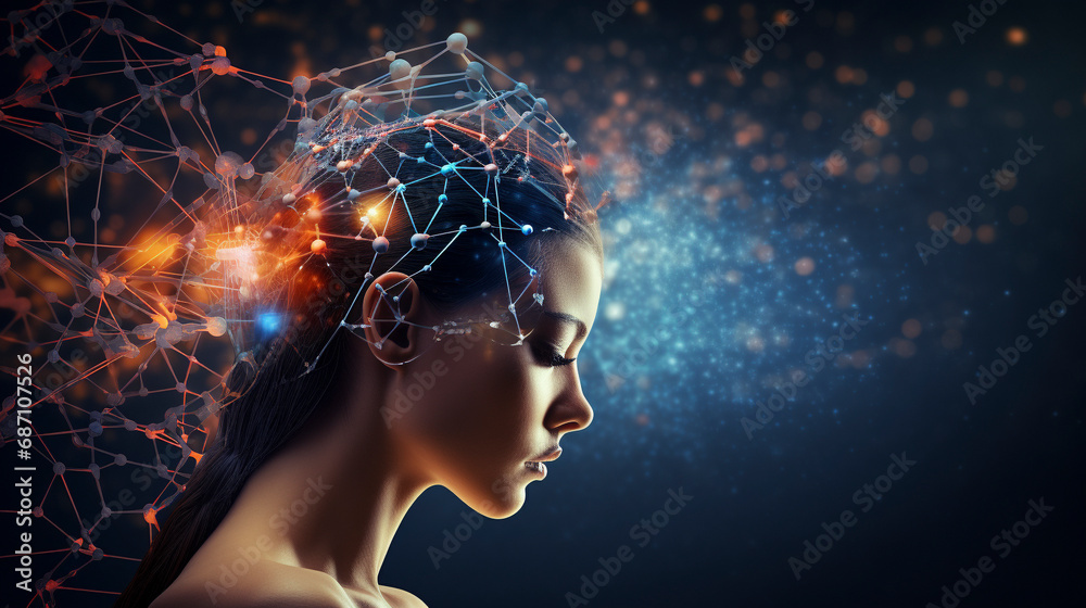 a woman that is connected to AI and cyborg technology in the future, futuristic biology, integration with artificial intelligence - obrazy, fototapety, plakaty 