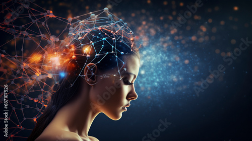 a woman that is connected to AI and cyborg technology in the future, futuristic biology, integration with artificial intelligence