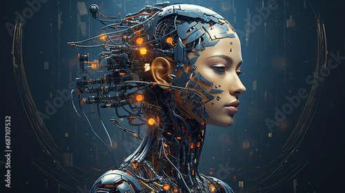 a woman that is connected to AI and cyborg technology in the future, futuristic biology, integration with artificial intelligence