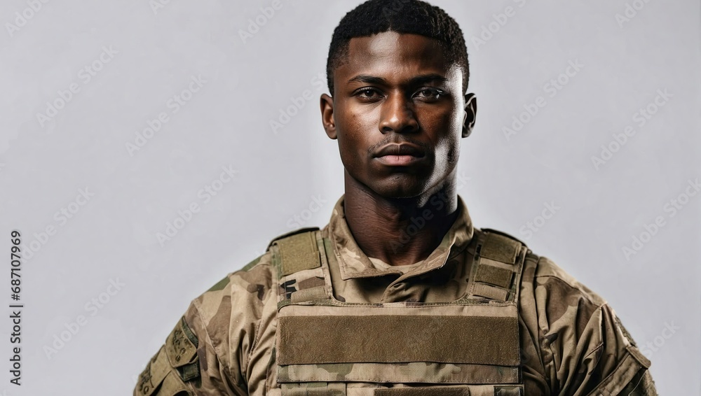 black male soldier in military uniform posing with confidence against a minimalist backdrop black male soldier in military uniform posing with confidence against a minimalist backdrop