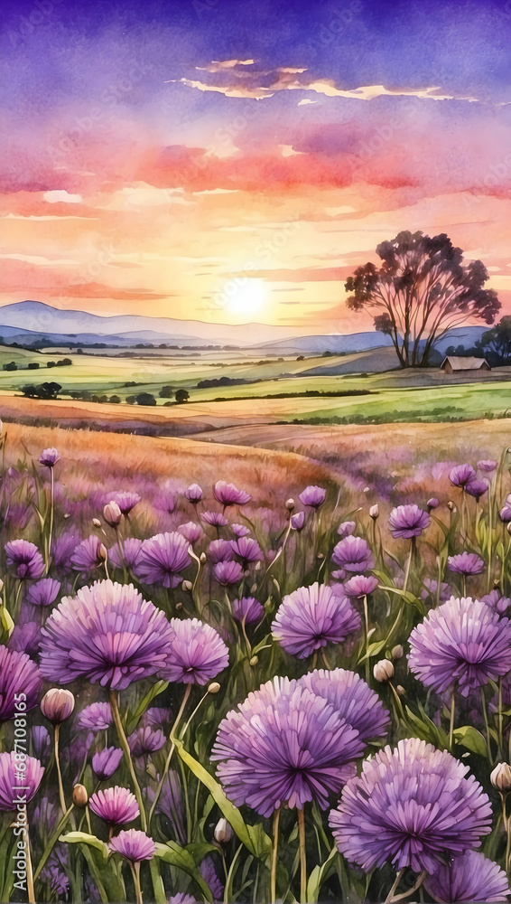 Watercolor illustration landscape of beautiful Purple Chives flowers field  with sunset view. Golden hour. Creative mobile wallpaper. 