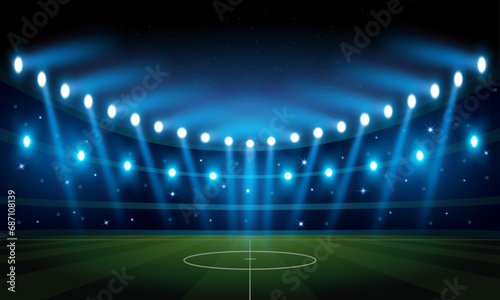 Illuminated Football Arena at night with blue spotlights  supporters on tribune  starry night sky