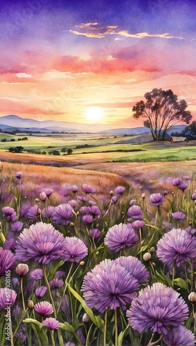 Watercolor illustration landscape of beautiful Purple Chives flowers field  with sunset view. Golden hour. Creative mobile wallpaper. 