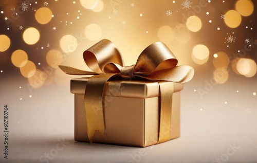 Christmas gift box with golden bow and decoration on bokeh background © Preyanuch