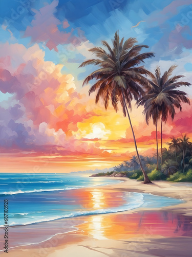  Watercolor illustration landscape of beautiful sunset at the beach with palm tree. Golden hour. Creative mobile wallpaper. 
