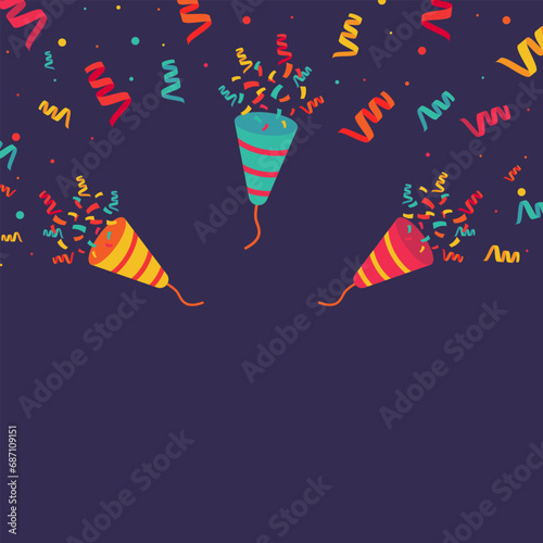 Colored confetti and firecrackers party popper, Vector festive birthday festival banner template, Festive decorations and surprises.