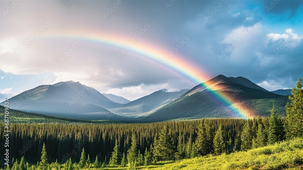 A rainbow has just appeared over a mountain range.