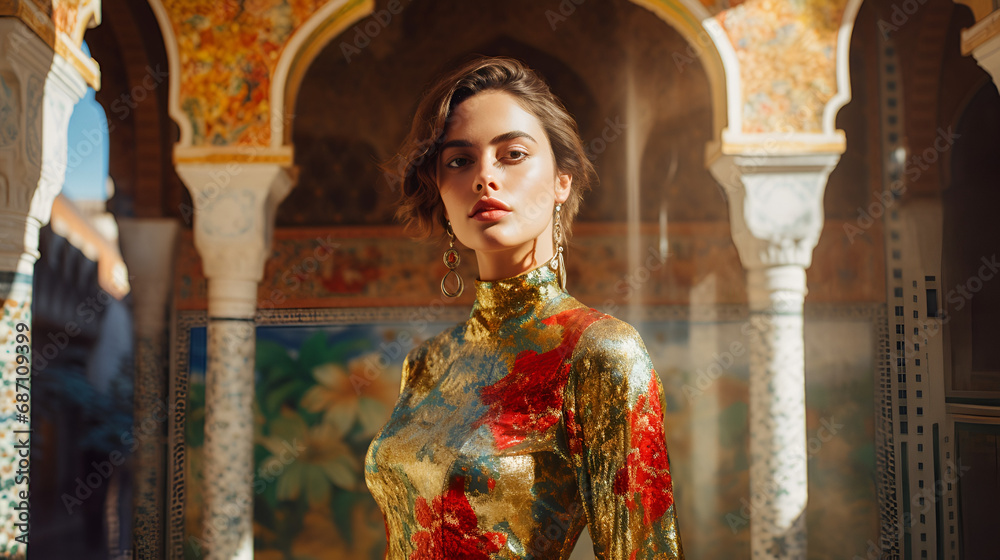 Fototapeta premium a spanish girl in her 20s, traditional, tight shiny metallic and floral dress