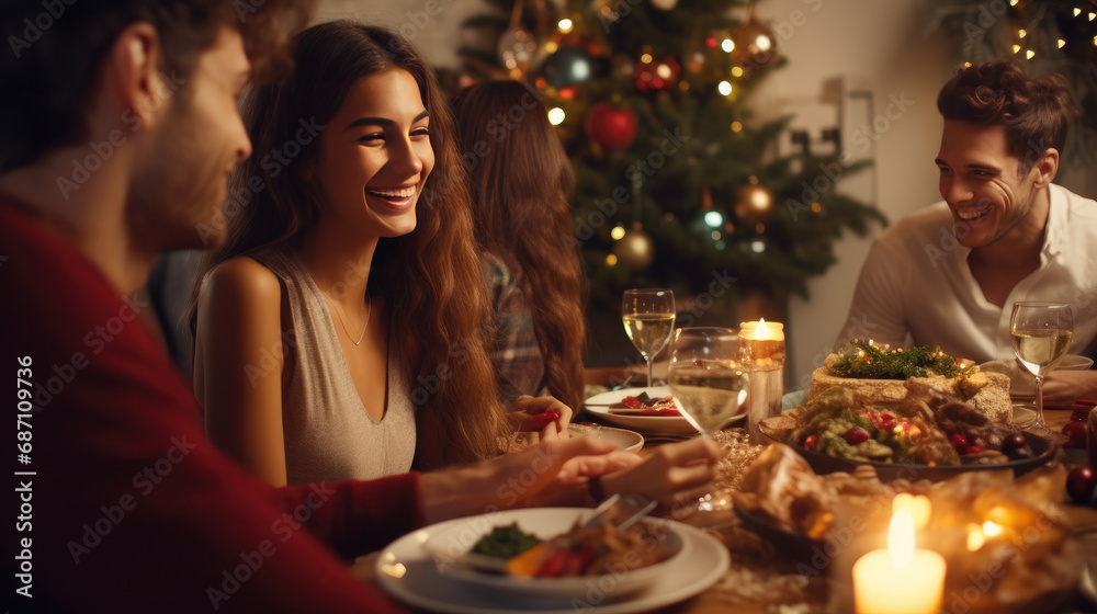 Christmas Home Celebration: Multi-Ethnic Friends Sharing Festive Dinner