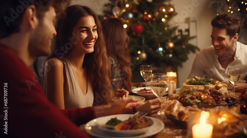 Christmas Home Celebration  Multi-Ethnic Friends Sharing Festive Dinner