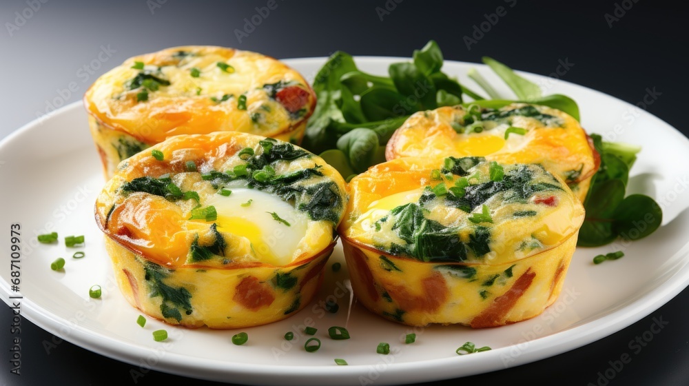 A white plate topped with three mini egg muffins. A white plate topped with three mini egg muffins.